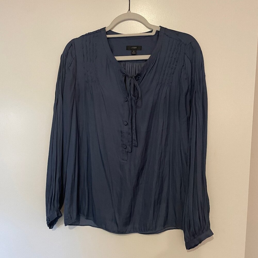 J.Crew Blue Tie-Neck Blouse Pleated Long Sleeve Top